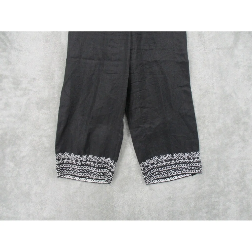Vintage Georgiou Studio Pants Womens Size S Linen Embroidered Hem Wide Leg Black